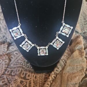 Sparkling Square Crystal Statement Necklace - White/Silver